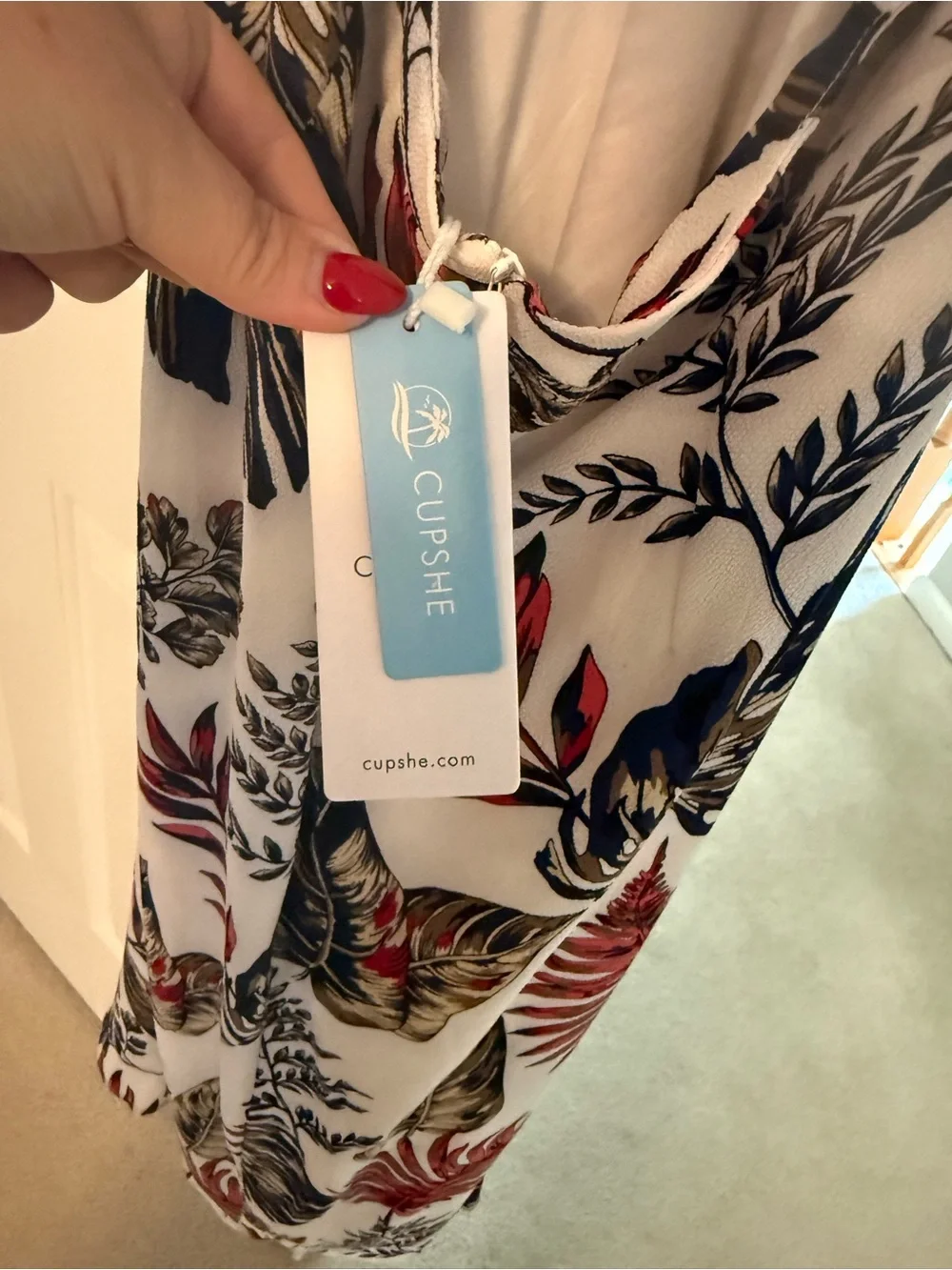 Cupshe White Maxi Dress with Red, Navy & Olive Leaf Print - Picture 3 of 5